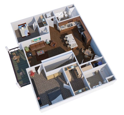 a 3d floor plan of a house with a living room and a kitchen